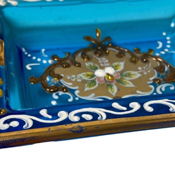 Italian Glass Ashtray Ornate Blue Gold Floral Made in Italy Vintage - Picture 11 of 11